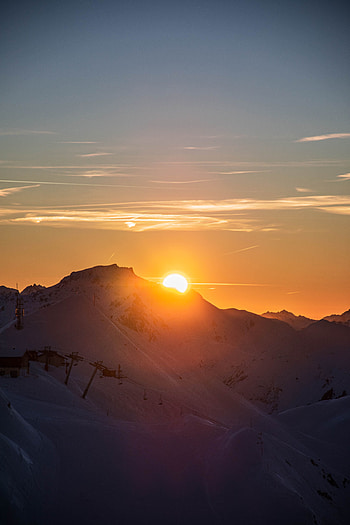 Landscape, Nature, Sunset, Mountains, Sun, Snow HD phone wallpaper