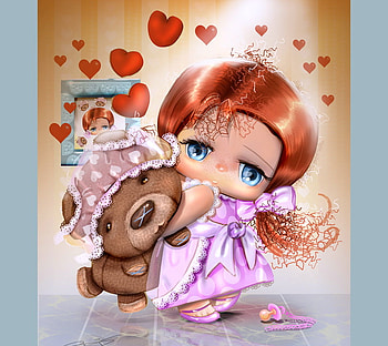 I luv my Teddy, pink dress, little girl, cartoon, teddy, love, hearts, red hair, friends HD wallpaper