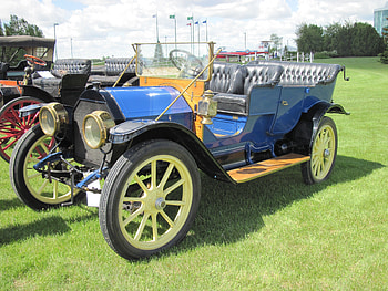 1911 Cadillac, blue, headlights, black, Cadillac, graphy, yellow, seats, wheels HD wallpaper