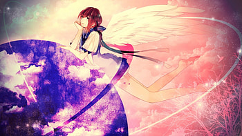 Angel, wings, smiling, girl, long hair, long dark hair, white wings, anime, planet, pink background, dark hair, world, manga, female HD wallpaper