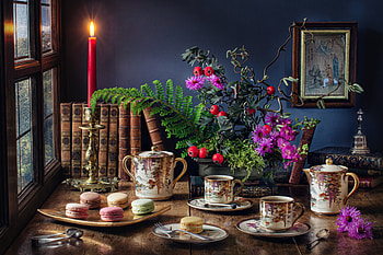 The tea party, Flowers, Still life, Dishes, Books HD wallpaper