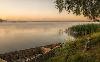 Nature, Grass, Shore, Bank, Fog, Evening, Boat, Wharf, Bench, Berth HD wallpaper