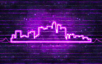 Los Angeles violet neon silhouette, , violet neon lights, Los Angeles skyline silhouette, violet brickwall, american cities, neon skyline silhouettes, USA, Los Angeles silhouette, Los Angeles HD wallpaper