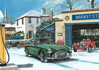 Market Street Motors, winter, 1936 Riley, station, aston martin DB2, pumps, snow, land rover, garage, petrol, motorbike HD wallpaper