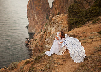 Angel On Mountain, sea, wings, waves, women, angel, ocean, mountain HD wallpaper