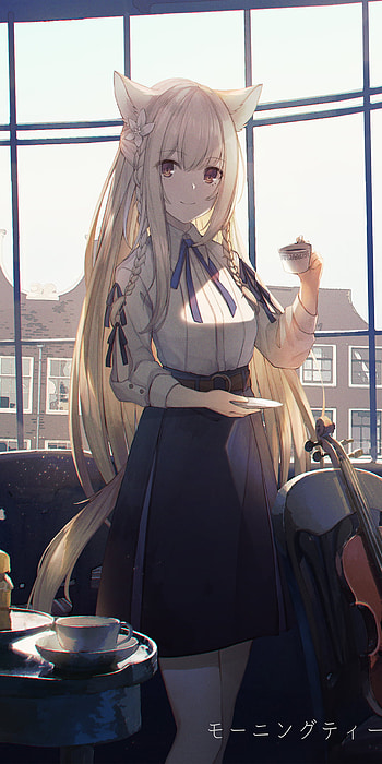 Morning Crimson-Eyed Violinist with Fox Ears, animal ears, violin, dress, red eyes, long hair, white hair, Anime, girl, anime girl HD phone wallpaper