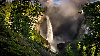 fantastic powerful waterfall r, mist, waterfall, r, cliff, rocks, forest HD wallpaper