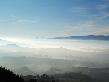 Landscape, dawn, sunrise, horizon, fog HD wallpaper