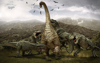 Brachiosaurus and Tarbosauruses, Dinosaurs HD wallpaper