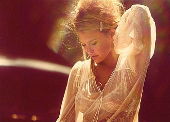 Blush of a woman, blushed face, sheer blouse, blond, woman, beauty HD wallpaper