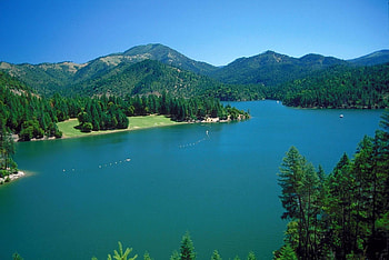 Lake, trees, sky, nature, mountain HD wallpaper