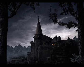 Trees, Fantasy, Walls, Night, Lock, Shine, Light, Rise, Elevation HD wallpaper