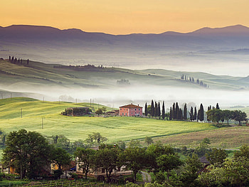 Nature, Houses, Trees, Mountains, Fog, Valley, Plain, Slopes HD wallpaper