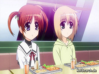 Yuuno Scrya & Nanoha Screenshot, uniform, yuuno scrya, mgln, screenshot, magical girl lyrical nanoha, nanoha takamachi, nanoha, table, jacket, other, food, yuuno, tray, anime, scrya, orange juice, takamachi HD wallpaper
