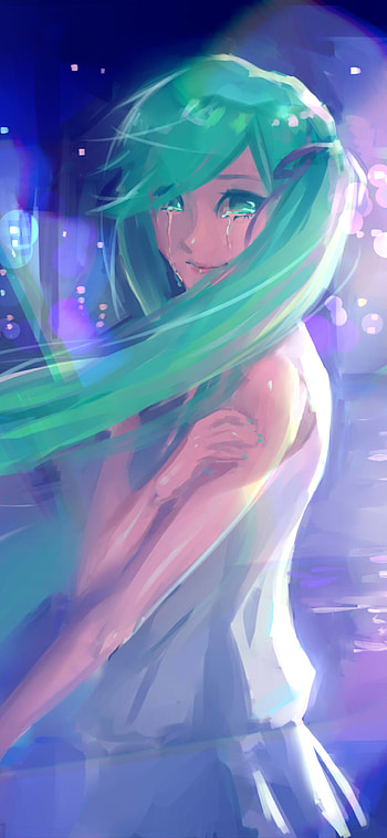 green eyes, green hair, tears, twintails, long hair, Hatsune Miku, Anime, Vocaloid HD phone wallpaper