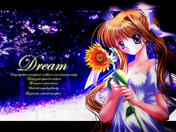 AIR Dream, cute anime girl, blue eyes, smile, sunflower, misuzu kamio, white dress, air, trees, dream HD wallpaper