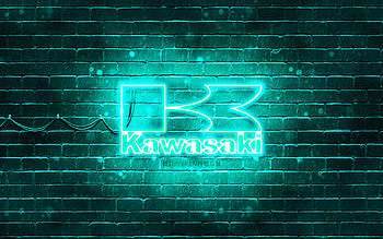 Kawasaki turquoise logo, , turquoise brickwall, Kawasaki logo, motorcyles brands, Kawasaki neon logo, Kawasaki HD wallpaper