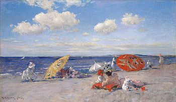At the seaside, blue, seaside, umbrella, white, art, william merritt chase, beach, summer, painting, pictura, sky, luminos, cloud HD wallpaper