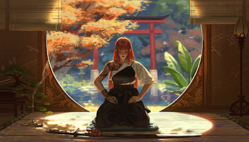 Warrior, anime, redhead, with katana, art HD wallpaper