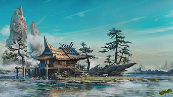 china art, mist, trees, panting, lake, house HD wallpaper