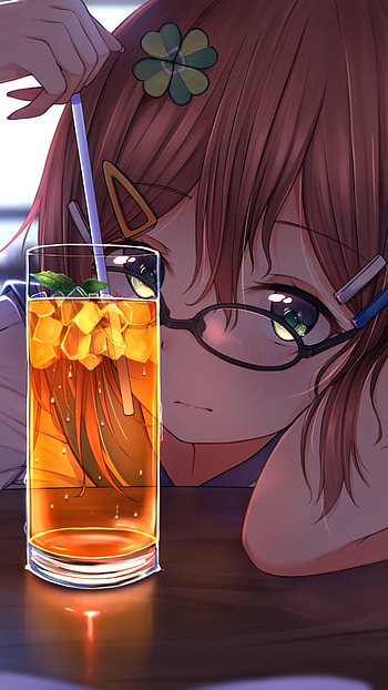 glasses, green eyes, brown hair, glass, drink, Anime, Original HD phone wallpaper