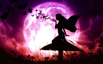 Fairy, black, full, mushroom, pink, butterfly, moon, fantasy, red, luna, silhouette HD wallpaper