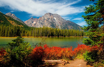 Early autumn in the mountain, fall, beautiful, rocks, serenity, mountain, lake, shore, cliffs, trees, autumn, sky HD wallpaper