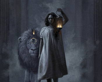 Walking through the darkness, night, leu, grey, art, girl, lion, dark, fantasy, luminos, lantern, franco rivolli, forest HD wallpaper