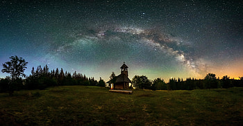 Night, landscape, church, starry sky, milky way HD wallpaper