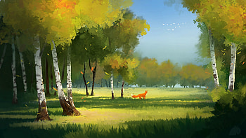 Trees, Art, Fox, Forest, Polyana, Glade HD wallpaper