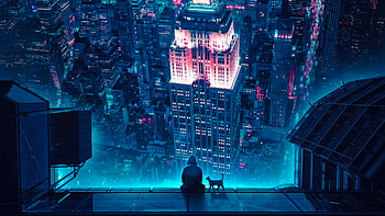 Hoodie Boy Sitting With Cat Watching Over Scifi City, hoodie, alone, scifi, cat, city, night, artist, artwork, digital-art HD wallpaper