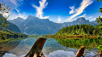 Almsee Lake, Austria, clouds, trees, sky, mountains, alps, water, reflections HD wallpaper