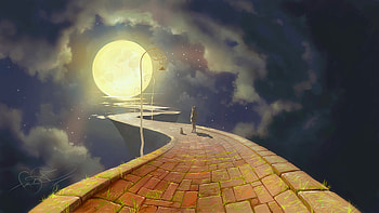 Silhouettes, Art, Night, Moon, Lights, Lanterns, Path HD wallpaper