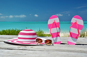 Happy summer!, blue, summer, pink, holiday, sunglasses, slipper, hat, vacation HD wallpaper