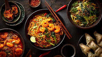 Asian Noodle & Dumpling Feast, Food, Asian Food, Noodles, Shrimp HD wallpaper