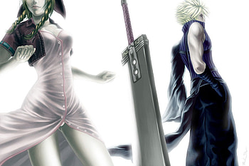 Aerith & Cloud, games, buster sword, final fantasy vii, final fantasy series, final fantasy, white background, dress, advent children, ff7, duo, cloud, aerith, sword, aerith gainsborough, final fantasy 7, anime, cloud strife, video games, ffvii, spiky hair HD wallpaper