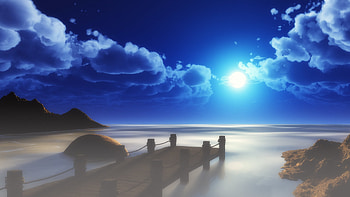 Sunny day, pier, coast, blue sky, clouds, art HD wallpaper