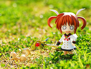 Chibi Nanoha Takamachi & Yuuno, animal, staff, other, uniform, cute, raising heart, grass, yuuno, anime, nanoha takamachi, ferret, funny, figures HD wallpaper