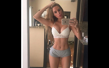 Amanda Lee, white lace bra, light blue shorts, cell, Blonde, standing in doorway HD wallpaper