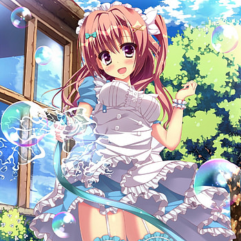 Water Hose, cute, long hair, dress, nice, apron, happy, adorable, water, female, sweet, pipe, smiling, smile, girl, kawaii, anime girl, maid, hose, anime, pretty, brown hair, lovely, bubbles HD wallpaper