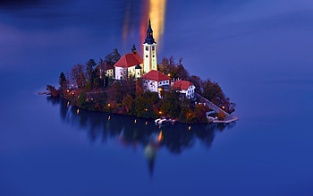 Assumption of Mary Pilgr Church, Lake Bled, Slovenia, island, water, lights, evening HD wallpaper