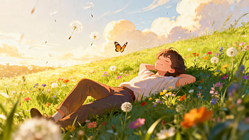 Anime Boy, Meadow, Butterfly, Wildflower HD wallpaper