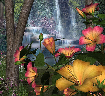 Waterfall, trees, nature, flowers HD wallpaper