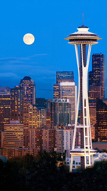Downtown Seattle skyline, Full moon, Washington state HD phone wallpaper