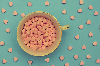 Sweet cup, blue, sweets, dessert, cup, food, candy, heaqrt, valentine, pink HD wallpaper