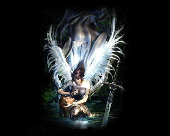 Healing A Knight, sword, knight, angel, potion, water HD wallpaper