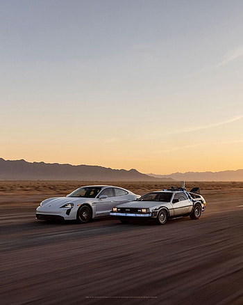 Delorean y Tycan, porsche, carro, auto, volver al futuro, Porsche Taycan, back to the future HD phone wallpaper