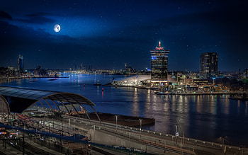 Amsterdam, night, Amstel, river, Amsterdam cityscape, Amsterdam panorama, Amsterdam skyline, night Amsterdam, Netherlands HD wallpaper