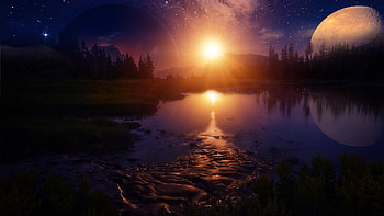 Two Worlds, moon, trees, landscape, sky, stars, nature, lake, planets, digital, sunset HD wallpaper