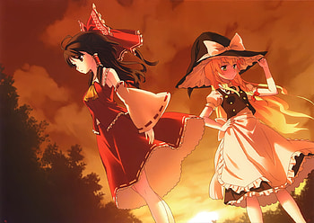 Touhou, headband, blue eyes, hakurei reimu, black hair, long hair, dress, sky, blonde hair, kirisame marisa, hat HD wallpaper